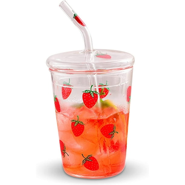 Fymlhomi 300ml Glass Water Cup with Straw and Lid, Cute Strawberry Mug