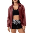 thumbnail image 2 of Women'S Loose Fashion Long Sleeve Lapel Oversized Faux Leather Jacket with Zipper Spring Fall Clothing Wine Red M, 2 of 9
