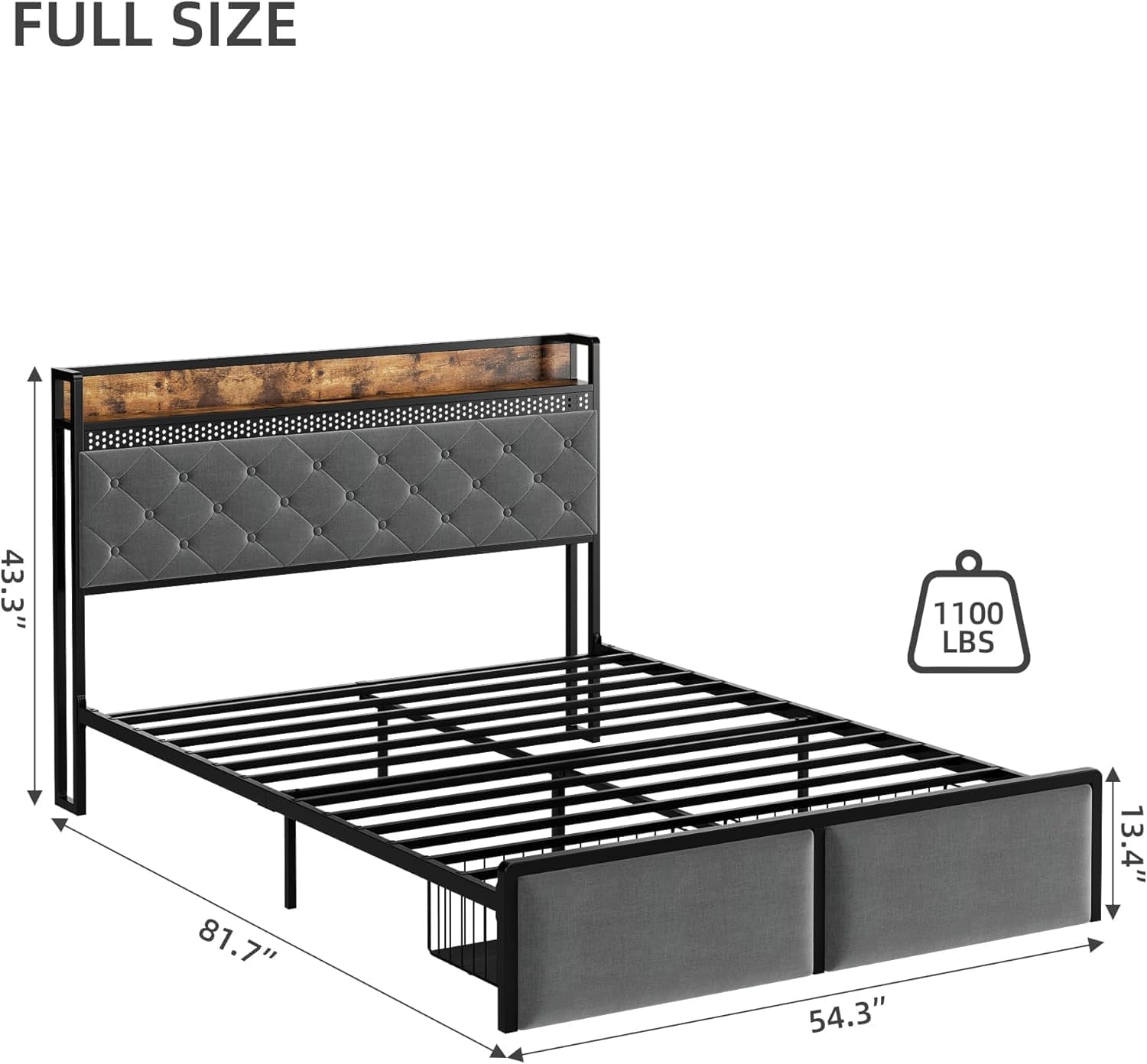 TROPOW King Size Bed Frame,Upholstered Platform Bed Frame with Storage Headboard and Charging Station, Metal Bed Frame with LED Lights and 2 Drawers, Noise Free, No Box Needed, Gray