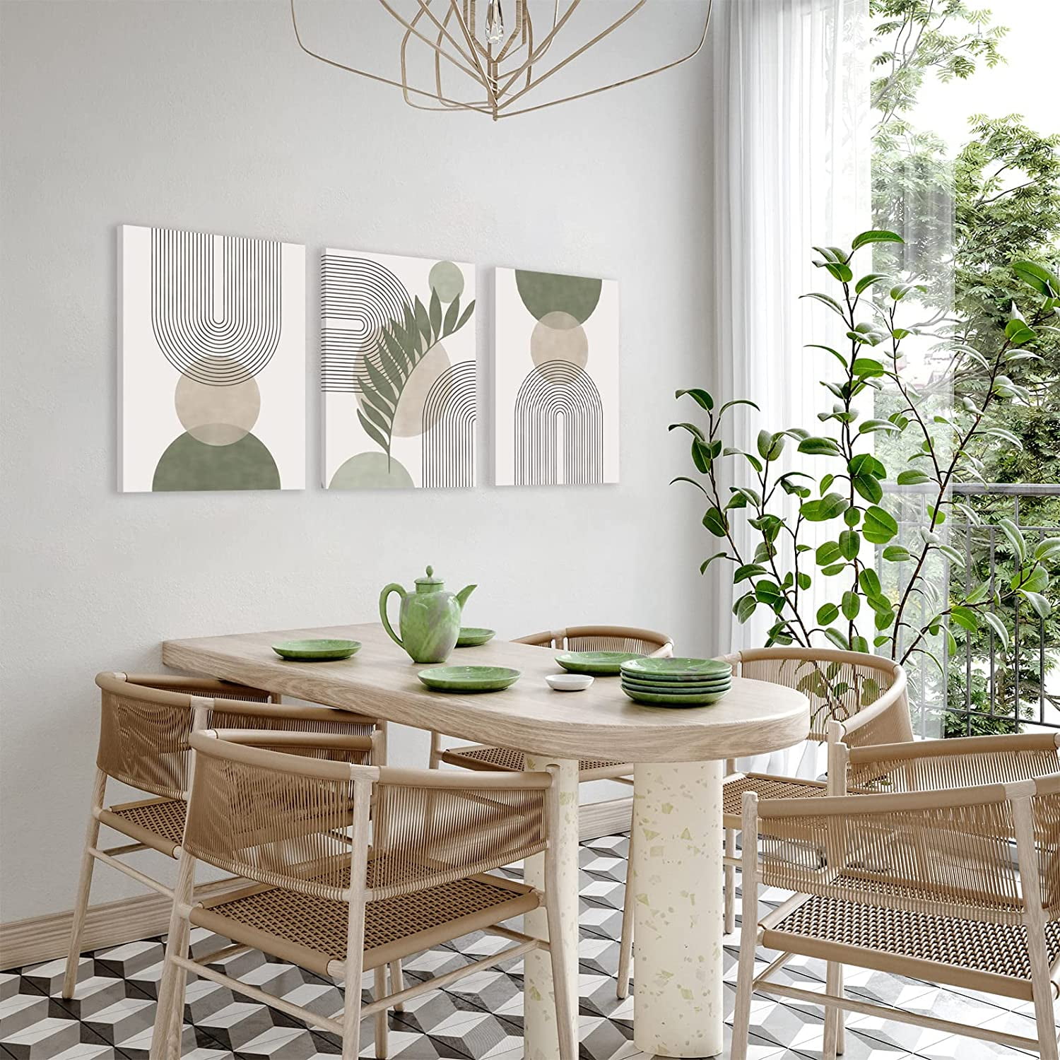 Sage Green Boho Wall Art Set of 3 Minimalist Framed Wall Art Geometric Line Leaf Sun Moon Beige Green Canvas Artwork Paintings Abstract Botanical Boho Room Decor Sage Green Wall Art 12"x16"
