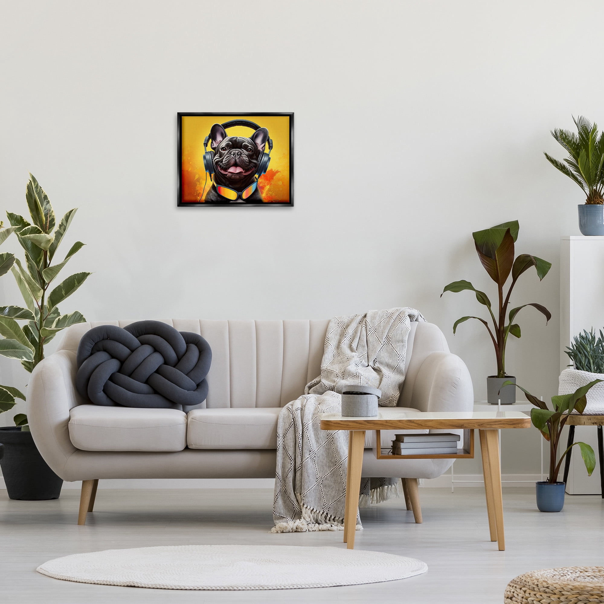 Stupell Industries Modern Dog with Headphones Animals & Insects Painting Black Floater Framed Canvas Art Print Wall Art, 21 x 17