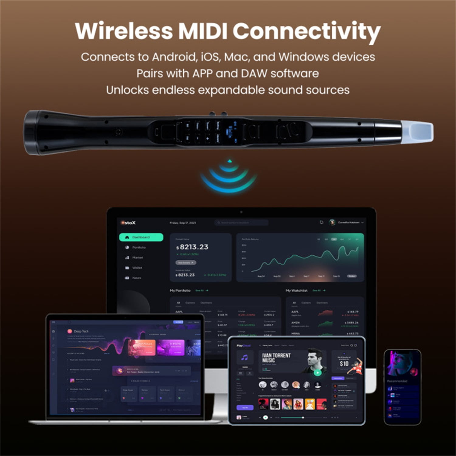 Portable Wireless MIDI Electronic Saxophone - 100 Tones, 3W Hi-Fi Speaker, 12hrs Playtime, 0.7lbs (Black ABS)