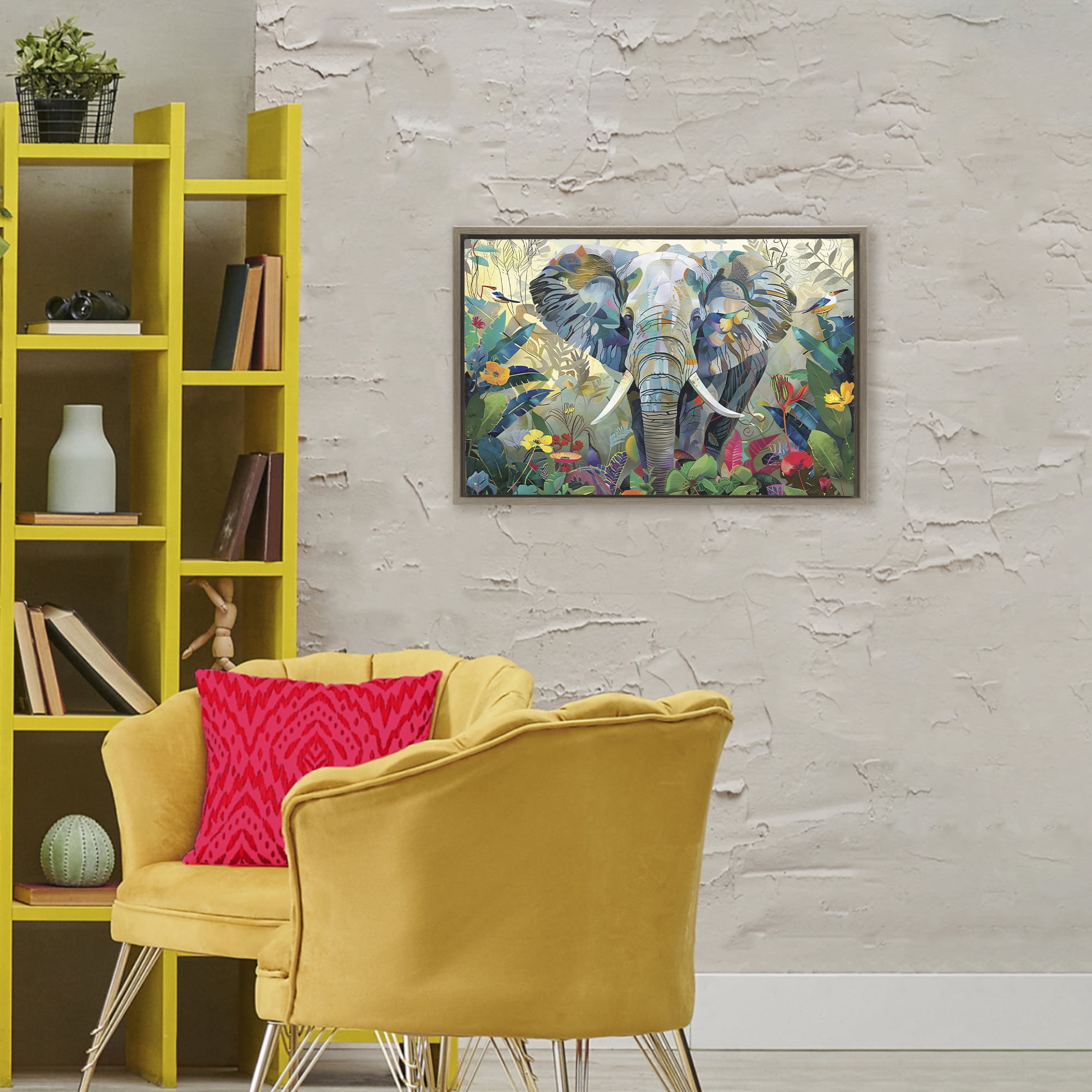 Stupell Industries Elephant's Realm in Tropical Bloom Brown Framed Floater Canvas Wall Art, design by Lazar Studio