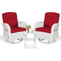 VIVIJASON 3-Piece Outdoor Conversation Bistro Set, Patio Swivel Glider Rocking Chairs Rattan Furniture Sets w/ 2 White Rattan Chairs, Glass Top Side Table for Porch Backyard, Red Cushions