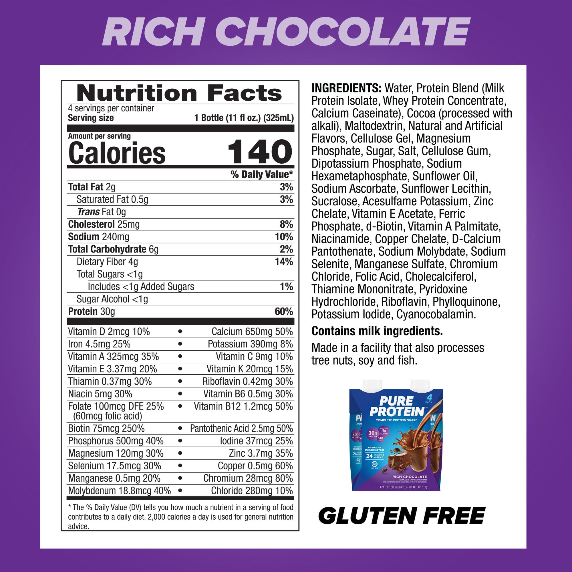 (3 pack) Pure Protein Shake, Rich Chocolate, 30g Protein, Gluten Free, 11 fl oz, 4 Ct