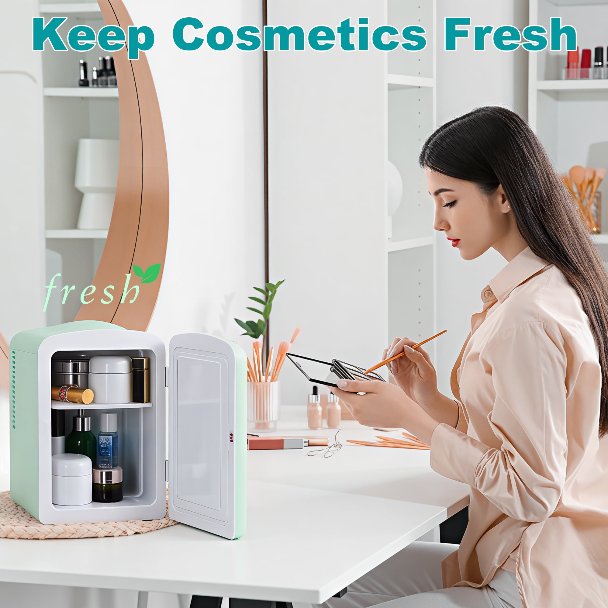 iceBlue 4L/6Can Portable Mini Fridge, Makeup & Skincare Refrigerator with Removable Shelf, Retro Design Wave Pattern Door & Matte Finish Body
