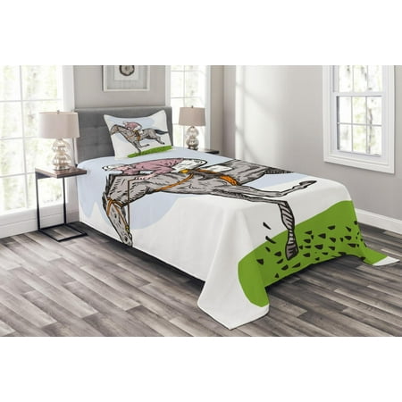 Quilted Pony - Animal Bedspread Set, Sketchy Horse Racing Theme Jockey Pony Stallion Riding on Field Retro Illustration, Decorative Quilted Coverlet Set with Pillow Shams Included, Multicolor, by Ambesonne