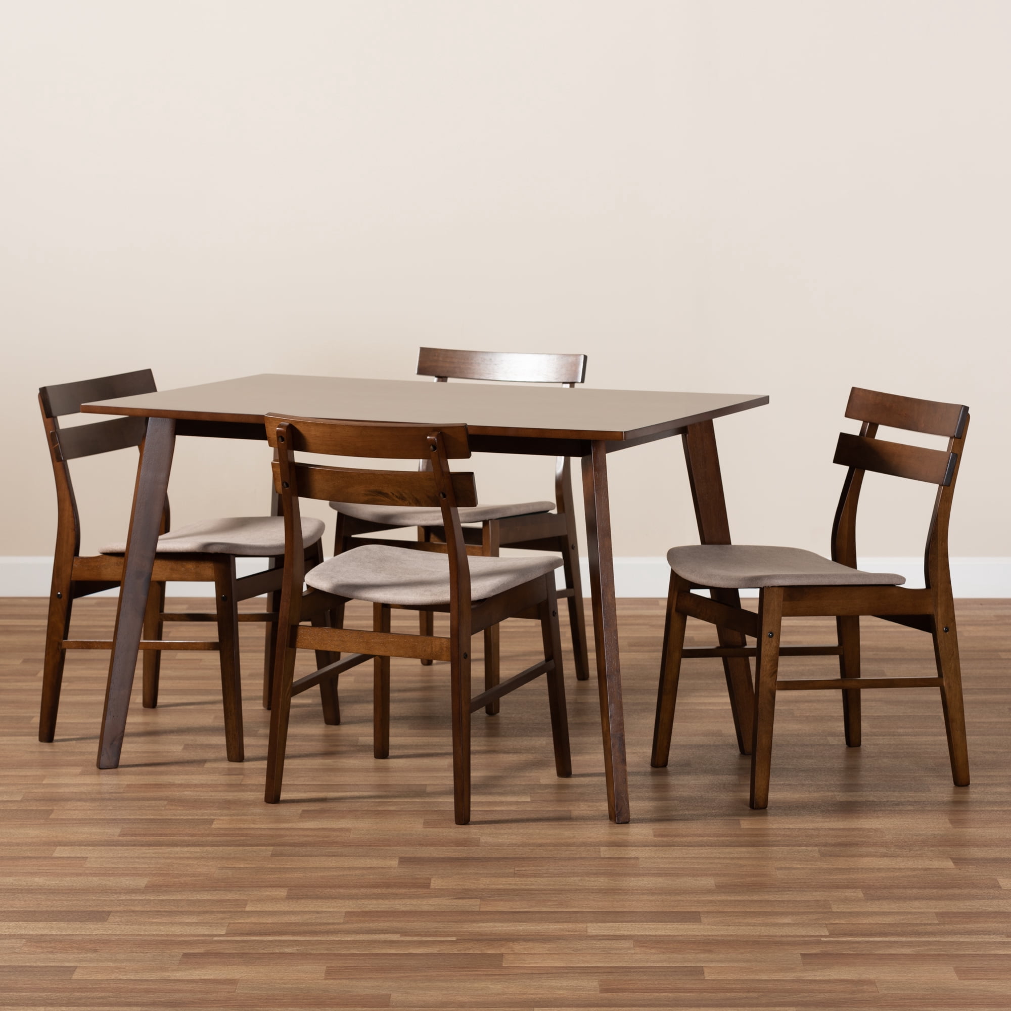 Baxton Studio Eleri 5 Piece Adult Mid-Century Polyester Dining Table with Chair Light Beige