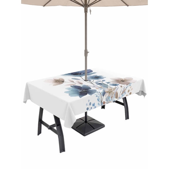 Outdoor Tablecloth with Umbrella Hole, Navy Blue Floral Spillproof Waterproof Outdoor Table Cover, Watercolor Flowers Farmhouse Patio Tablecloths for Party Picnic Camping, Rectangle 60"x120"