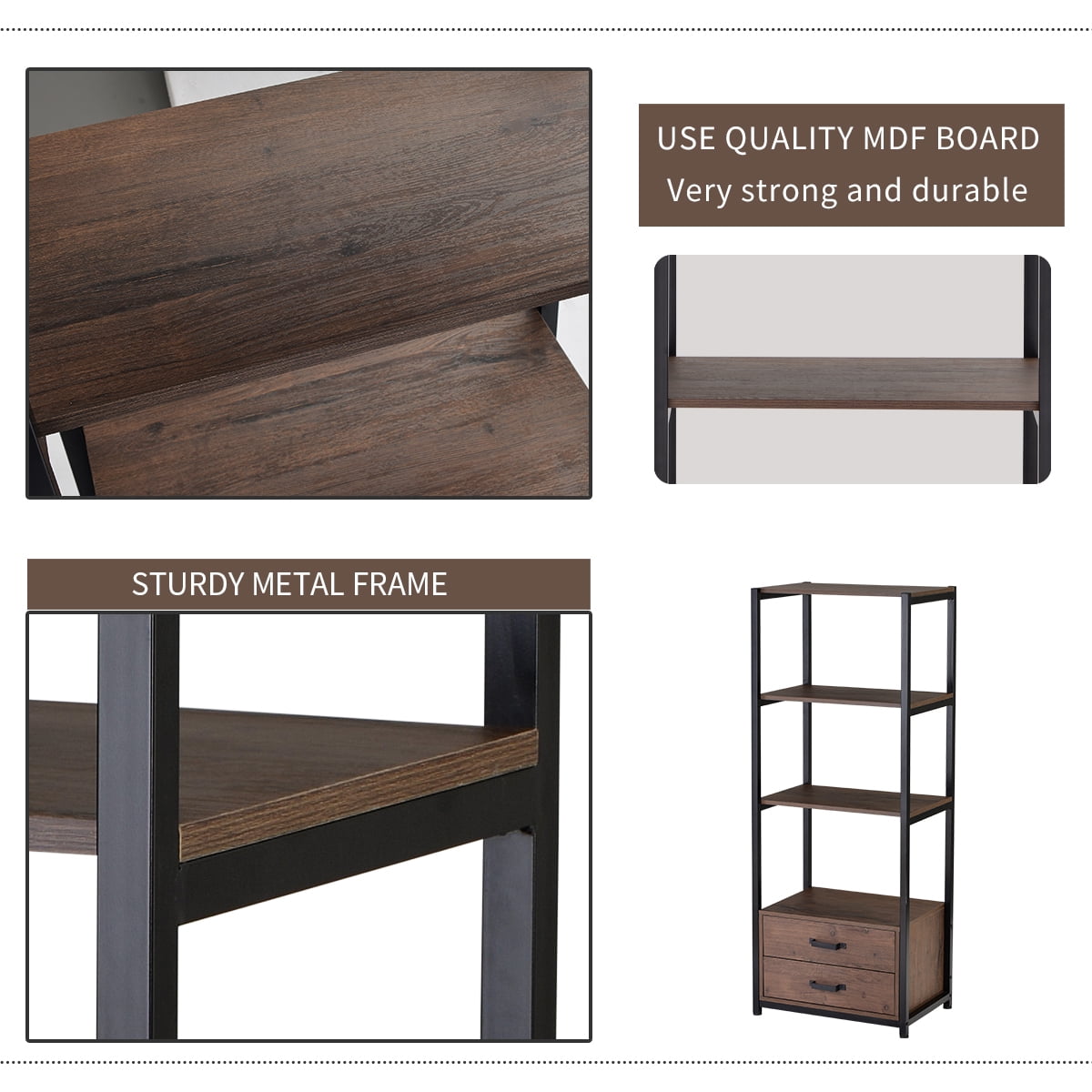 Kepooman 4-Tier Rustic Standing Bookshelf with 4 Open Storage Shelves & 2 Drawers, 23.6"L x 15.7"W x 59.8"H, Brown Kepooman 4-Tier Rustic Standing Bookshelf with 4 Open Storage Shelves & 2 Drawers, 23.6"L x 15.7"W x 59.8"H, Brown