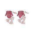 thumbnail image 2 of Baby Toddler Girls 3PCS Pants Clothing Sets 0 3 6 12 18 24 Months Long Sleeve O Neck Ribbed Romper Floral Flared Pants Headband Outfits, 2 of 9