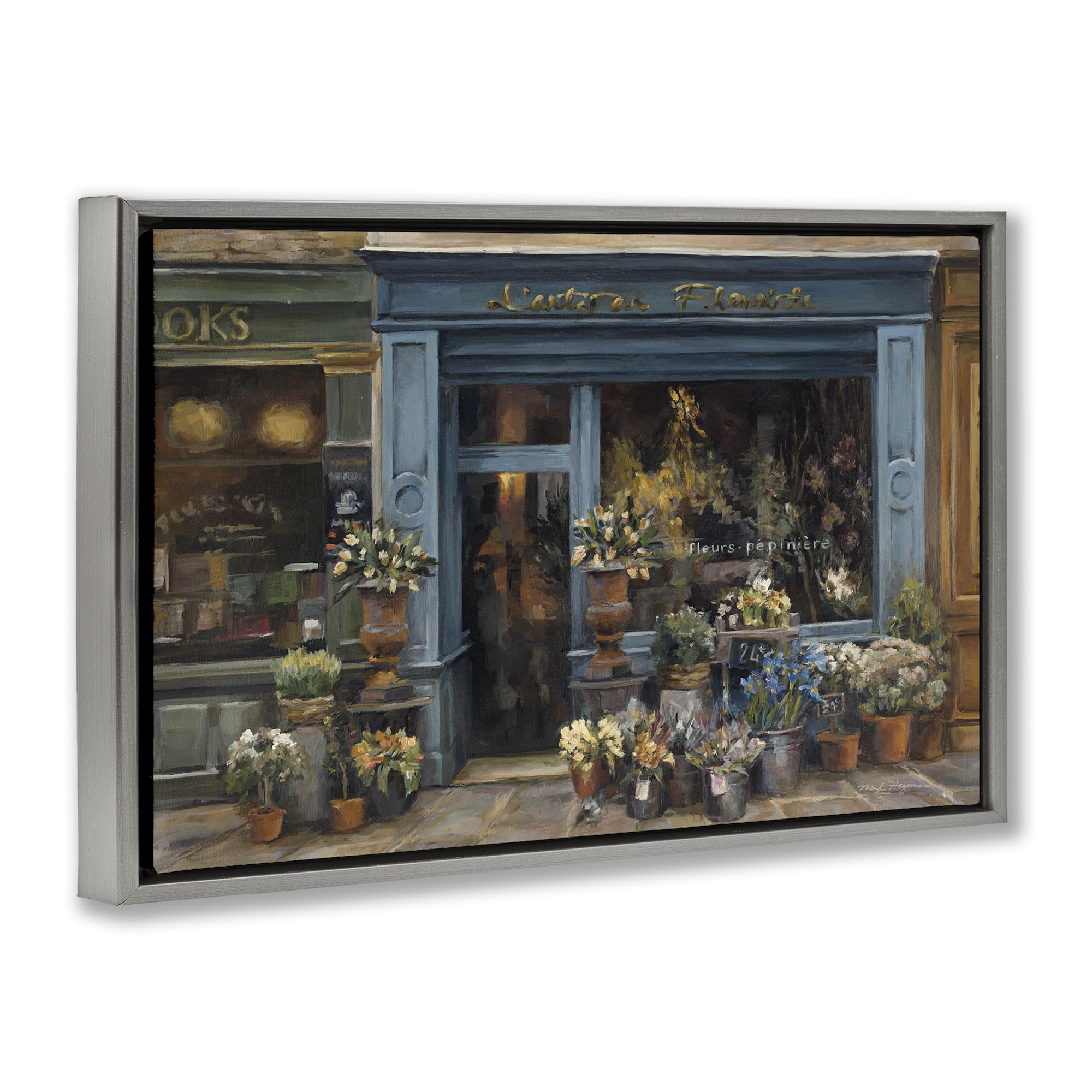 Stupell Industries Florist Shopfront in Town Buildings & Architecture Painting Gray Floater Framed Canvas Art Print Wall Art, 25 x 17