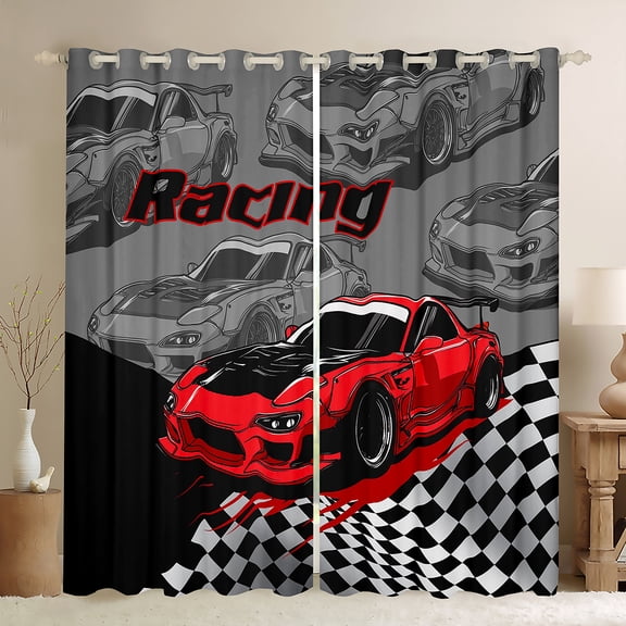 Manfei Red Racing Car Blackout Curtains Set of 2 (52x84 Each) for Boys, Speed Sports Car Window Curtains, Black White Plaid Flag Curtains and Drapes, Luxurious Room Decor