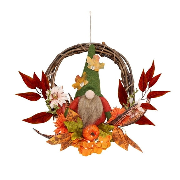 Fall Gnome Wreath - Autumn Harvest Decor with Plaid Bow, Sunflowers, and Leaves for Front Door