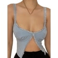thumbnail image 1 of VISgogo - Camiseta sin mangas para mujer con decoración de dobladillo de flores de encaje, ropa de verano con cuello en V profundo y parte delantera abierta VISgogo moda, 1 of 9