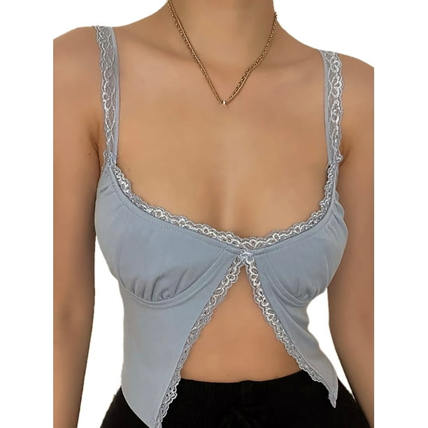 VISgogo - Camiseta sin mangas para mujer con decoración de dobladillo de flores de encaje, ropa de verano con cuello en V profundo y parte delantera abierta VISgogo moda
