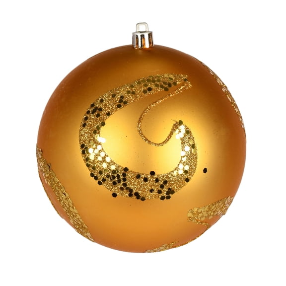 Vickerman 4.75" Honey Gold Matte Sequin Swirl Drilled Wired 4/Bag. Add some sparkle to your holiday decorating projects with this matte ornament adorned with sequins. This ornament features a drilled