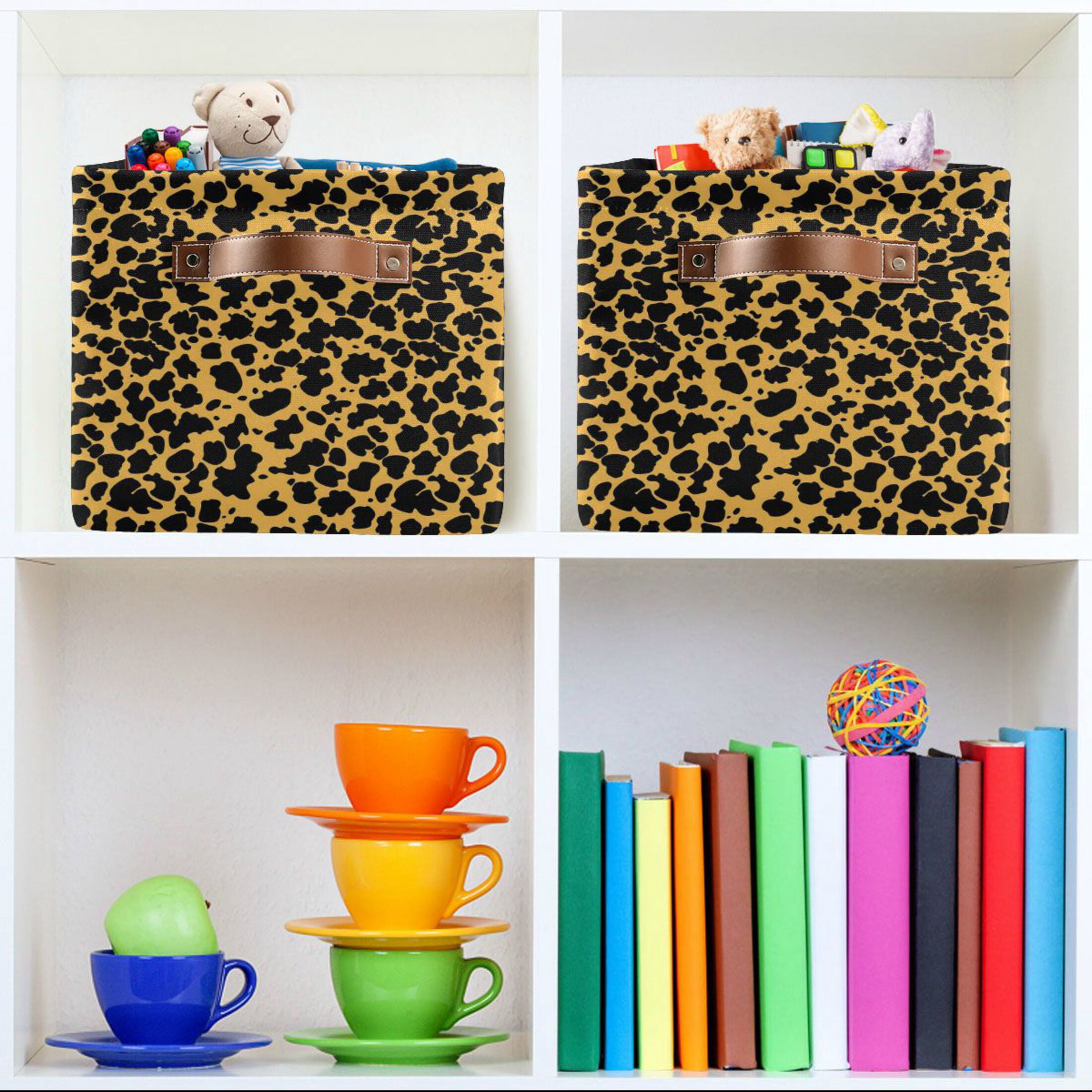 Black Leopard Print Storage Bins with Handle Fabric Organizer Basket Foldable Box 2 Pack 14.2x10.2x8.3