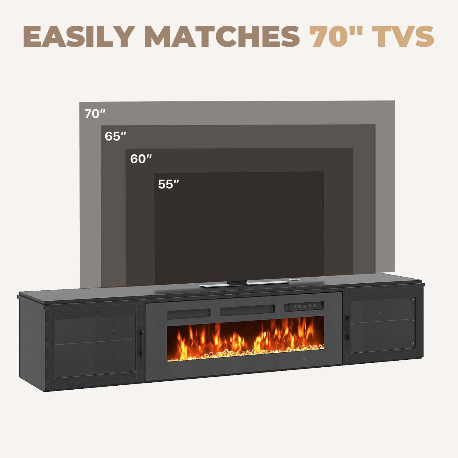 BaPiPro 70" Floating Fireplace TV Stand for TVs up to 80", Wall Mounted Entertainment Center with Media Storage, Console Table with 36" Electric Fireplace, Modern Black