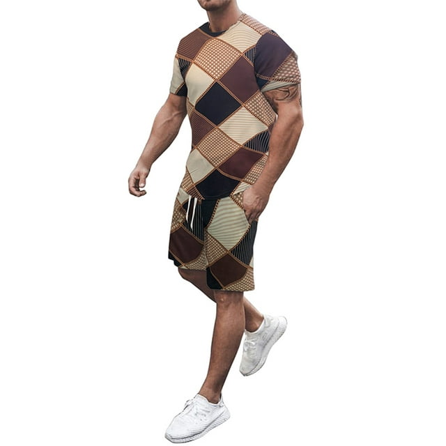 MAWCLOS Mens Sleepwear Two Pieces Homewear Short Sleeve Pajama Set Elastic Waist Street 2 Pcs Tracksuit #11 M