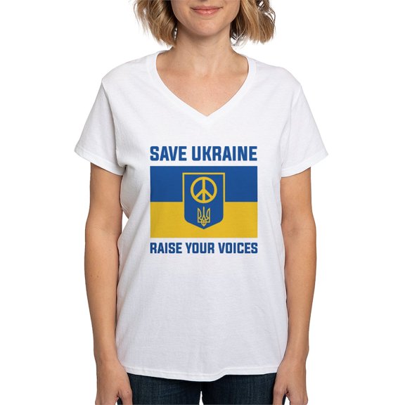 CafePress - Save Ukraine Raise Your Voices Women's V Neck T Sh - Womens Cotton V-Neck T-shirt