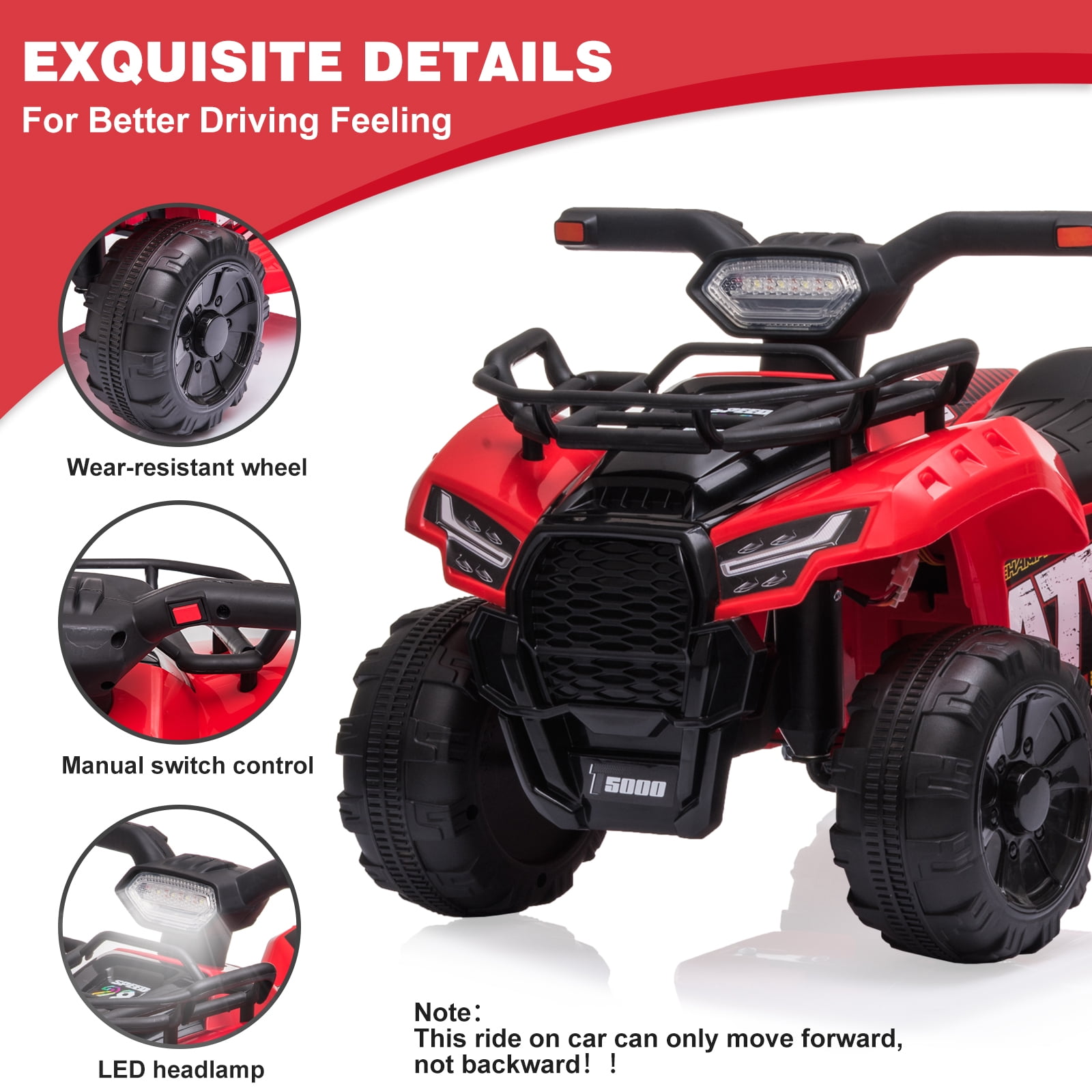Kids Ride on ATV 6V Battery Powered, 4 Wheeler Electric Vehicle with Horn, MP3, Headlight, Best Gift for 18-36 Months Boys Girls, Adjustable Volume USB Toy Car（Red）