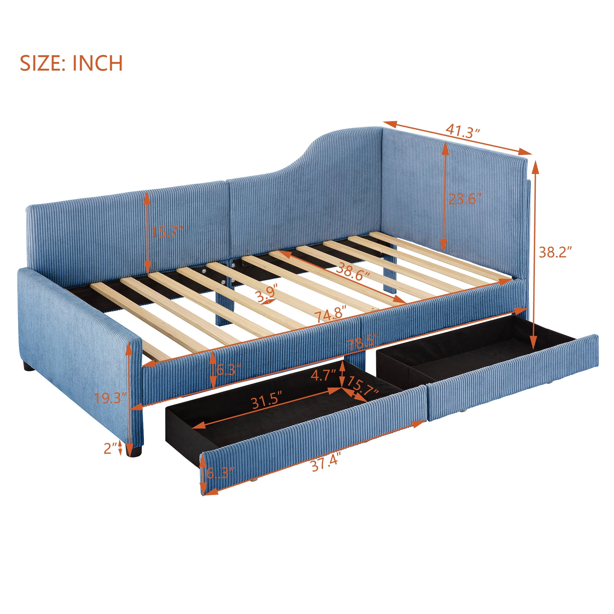 Euroco Upholstered Twin Size Daybed, Sofa Bed with 2 Drawers for Living Room, Blue