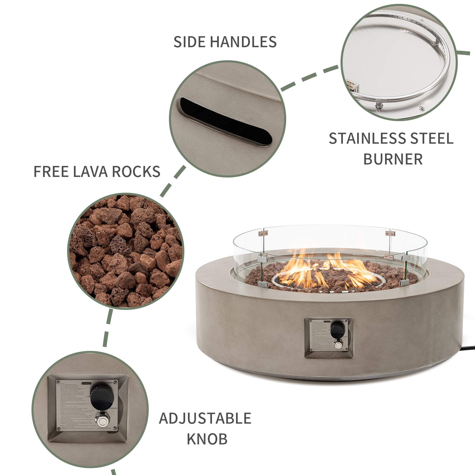 VENTOPYR Outdoor 40.5 inch Round Grey Propane Fire Pit Coffee Table w Wind Guard (Tank Outside)