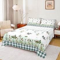 Feelyou Rustic Farmhouse Duck Twin Sheet Sets, Cartoon Wildlife Twin Fitted Sheet, Green Retro Plaid Flat Sheet, Breathable Home Decor, 3-Piece