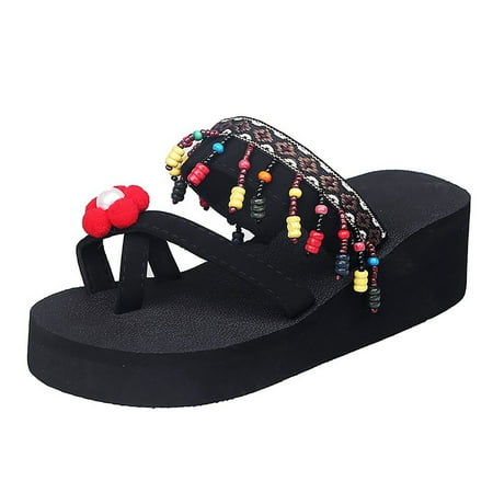

Dyfzdhu Women s High Heeled Bohemian Clip Foot Flip Flop Thick Bottom Beach Fringed Sandals Beach Shoes