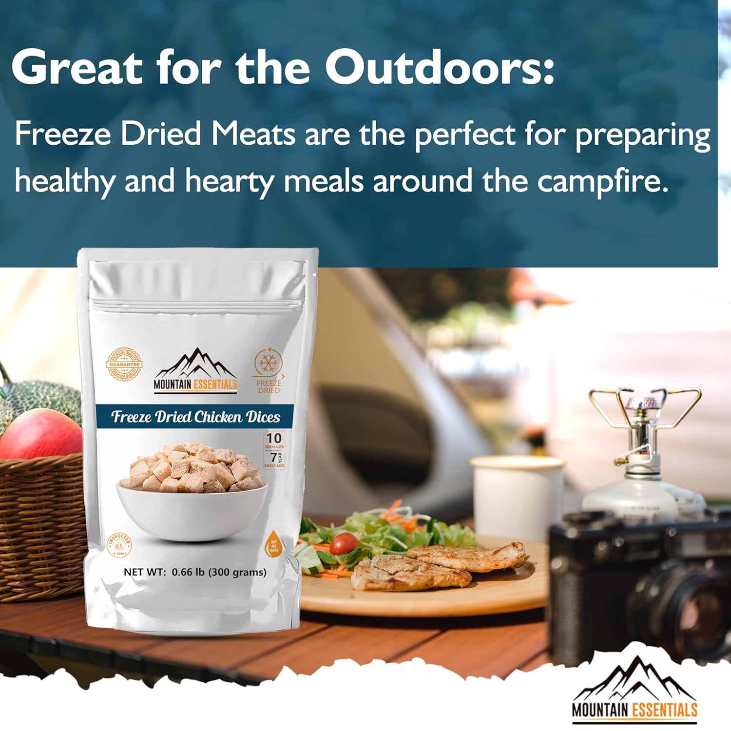 (Pack of 1) MOUNTAIN ESSENTIALS Freeze Dried Chicken Dices | Emergency Survival Bulk Food Storage Home Meals Hunting, Survival, Camping, Backpacking Food | 10 Servings 300g Pouch