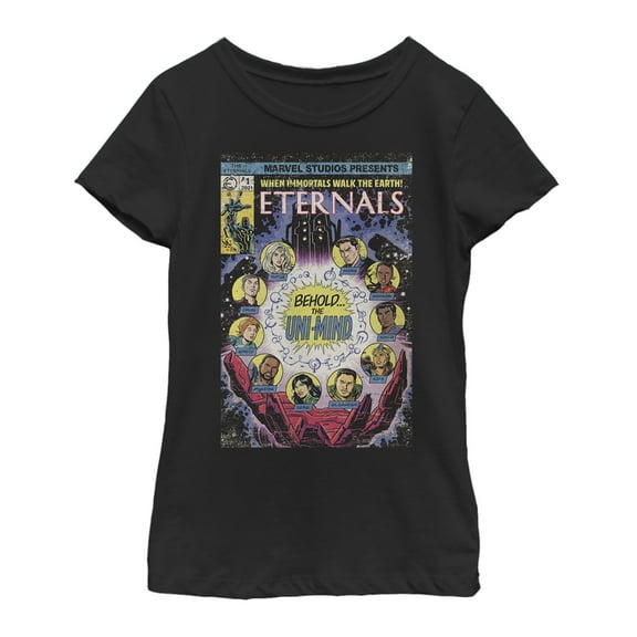 Girl's Marvel Eternals Retro Comic Book Cover Graphic Tee Black Medium