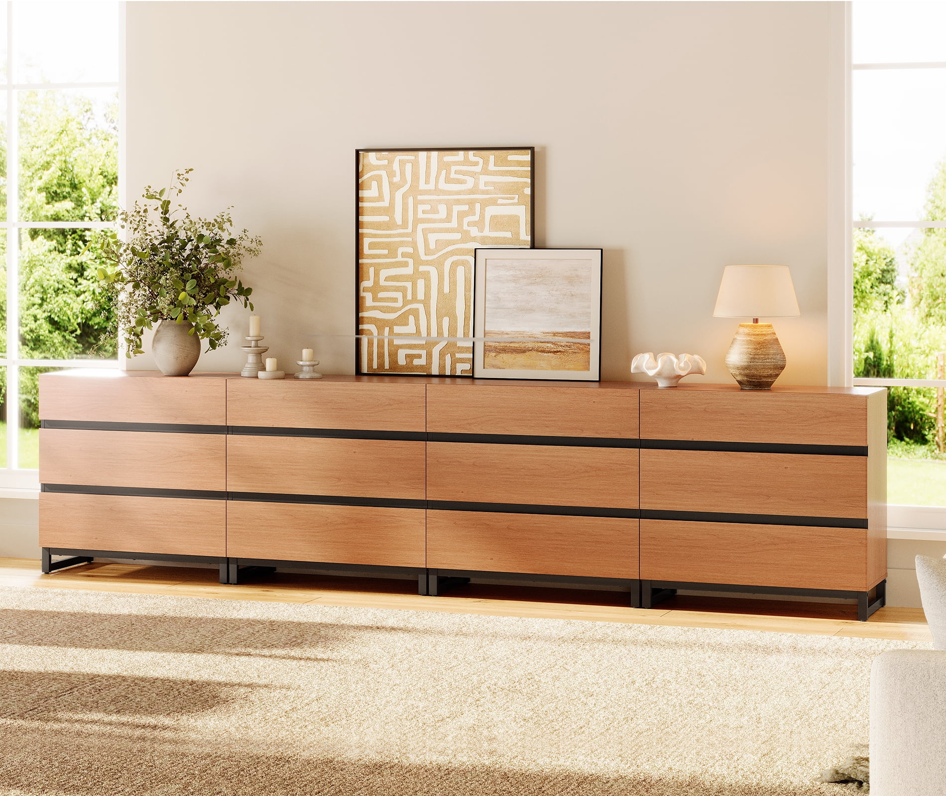 WAMPAT 4 PCS Modern 72" Tall Bookcase with 12 Drawers and Open Book Shelfs, Library Book Shelf with Storage Cabinet and Metal Base, Wood Freestanding Bookshelves for Home Office, Living Room, Mocha