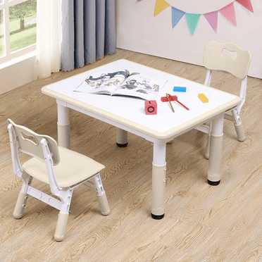 Kids Table and Chairs Set, Height-Adjustable Toddler Table and Chairs Set for Age 3-8, 31.5''Lx23.6''W Graffiti Desktop, Kids Activity Table for Daycare, Classroom, Home (Natural, 2 Chairs)