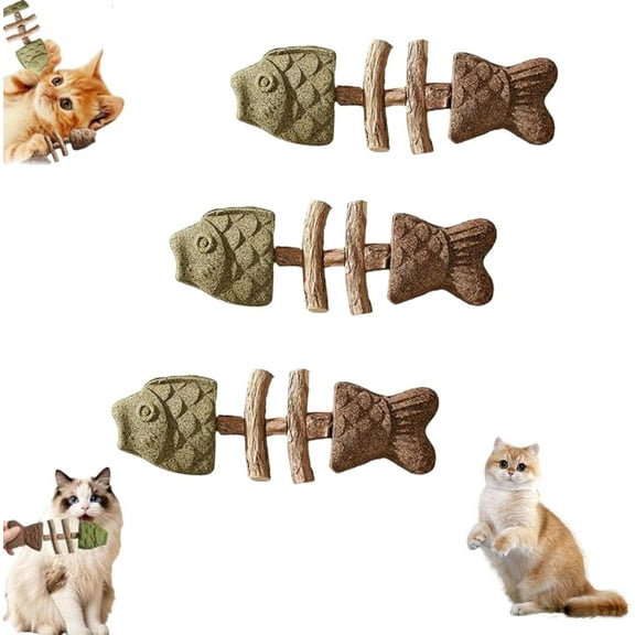 Natural Dental Chew Toy for Cats - Fishbone Shape with Catnip & Silvervine, Teeth Cleaning Stick for Interactive Play & Kitten Health, Multi-Flavor Options (3 PCS*A)