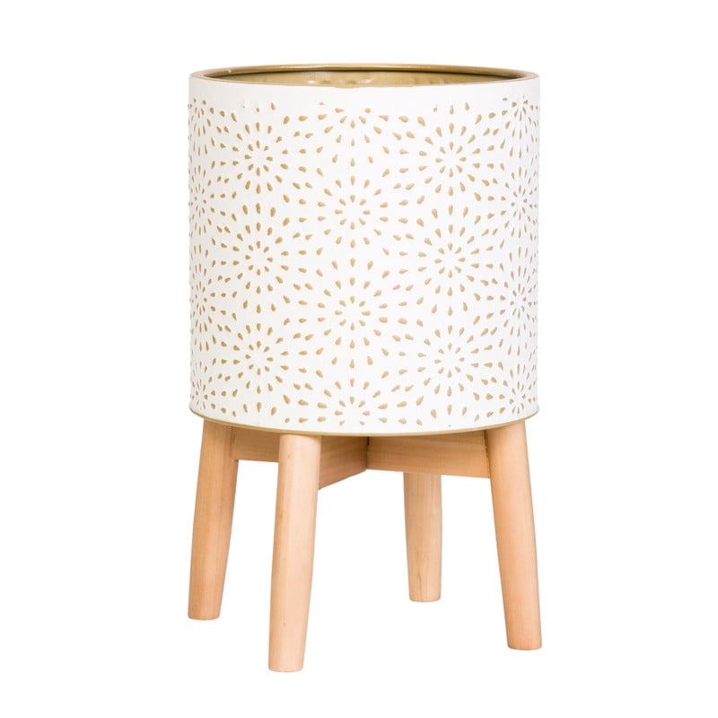 Boho Metal Planter Pot With 4-Leg Wood Base - White & Gold - 17"H x 10"W