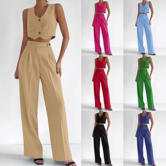 CHUMUD Pant Suits for Women Dressy Casual 2 Piece Work Sets Sleeveless Button Blazer Vest Crop Tank Top and Wide Leg Pants Going Out Summer