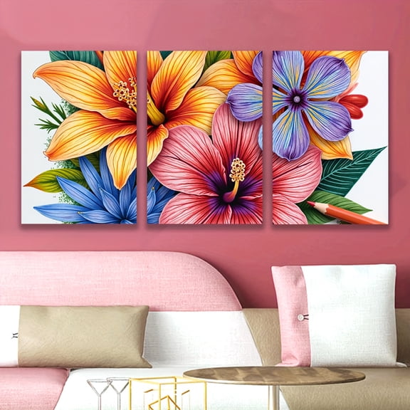 2D Flat, 3pcs Tropical Hibiscus Flower Wall Art Set - Frameless Wrapped Canvas Posters & Prints, Multicolor Triptych Panels (Pink/Yellow/Purple) for /Outdoor Decor - Hawaiian Hibiscus Painting for L