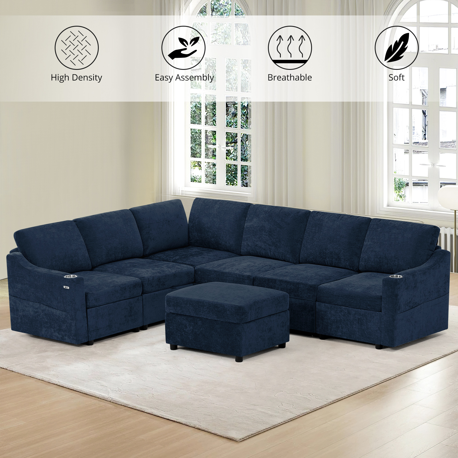 ACMEASE 116 Inches Chenille Sectional Couch w/Adjustable Backrests & Ottoman, Convertible U Shape Sleeper Sofa w/USB Ports, Modular Corner Sofa w/Pull-Out Bed & Storage Space for Living Room, Blue