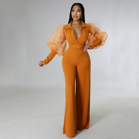 

Aayomet Bodysuit For Women Jumpsuit Womens Jumpsuits Long Sleeve Mesh V Neck Casual Style Long Sleeve Rompers Wide Jumpsuits Orange XXL