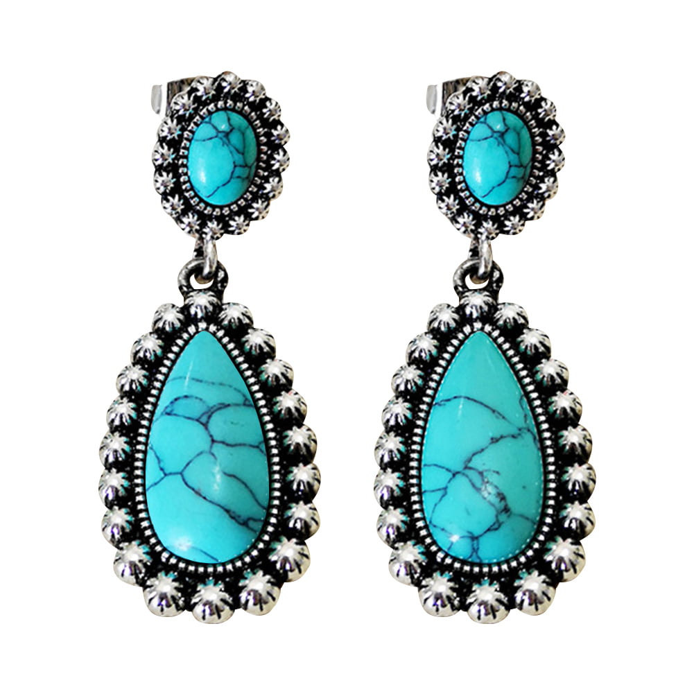Women 925 Silver Fashion Turquoise Dangle Ear Hook Boho Drop Earrings Jewelry