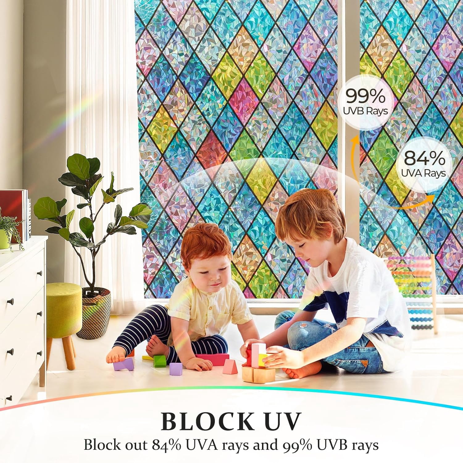 Fancy-Fix Stained Glass Window Film, Rainbow Window Privacy Film Decorative, Sun Blocking Window Tint For Home, Heat Control Anti UV Door Window Cover, 35.4" X78.7 "
