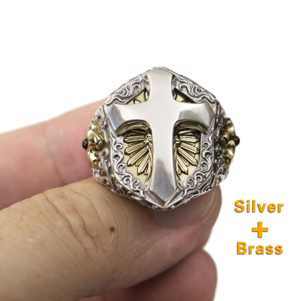 Brass Cross Shield 925 Sterling Silver Huge Cross Ring TA470 US