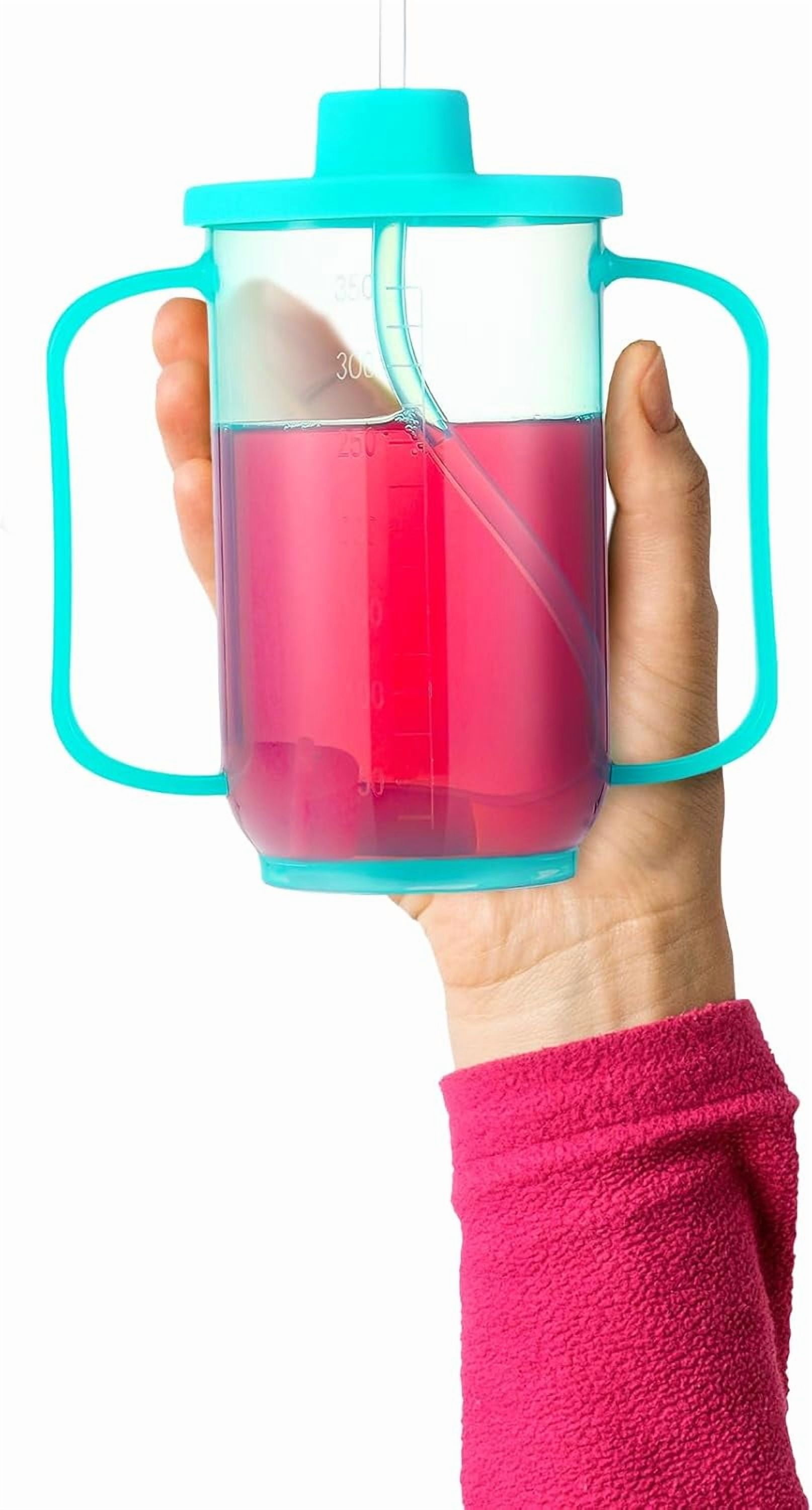 JJEAN-Adult Sippy Cups for Elderly 12 oz Straw Sippy Cups with 2 Handles No Spill for Adults Spill Proof Dysphagia Cup for Disabled Patients (Blue)