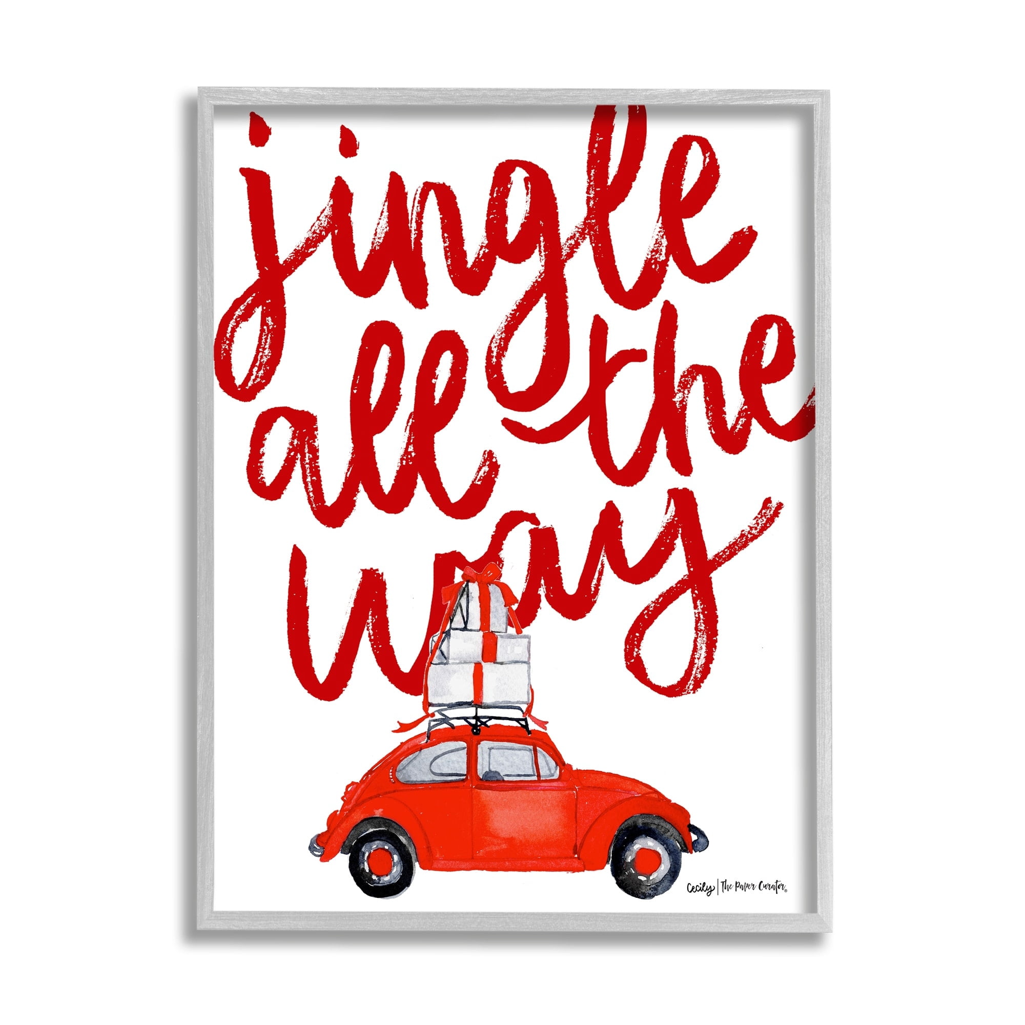 Stupell Industries Jingle All The Way Holiday Gifts Red Car Driving Graphic Art Gray Framed Art Print Wall Art, Design by Cecily Moore