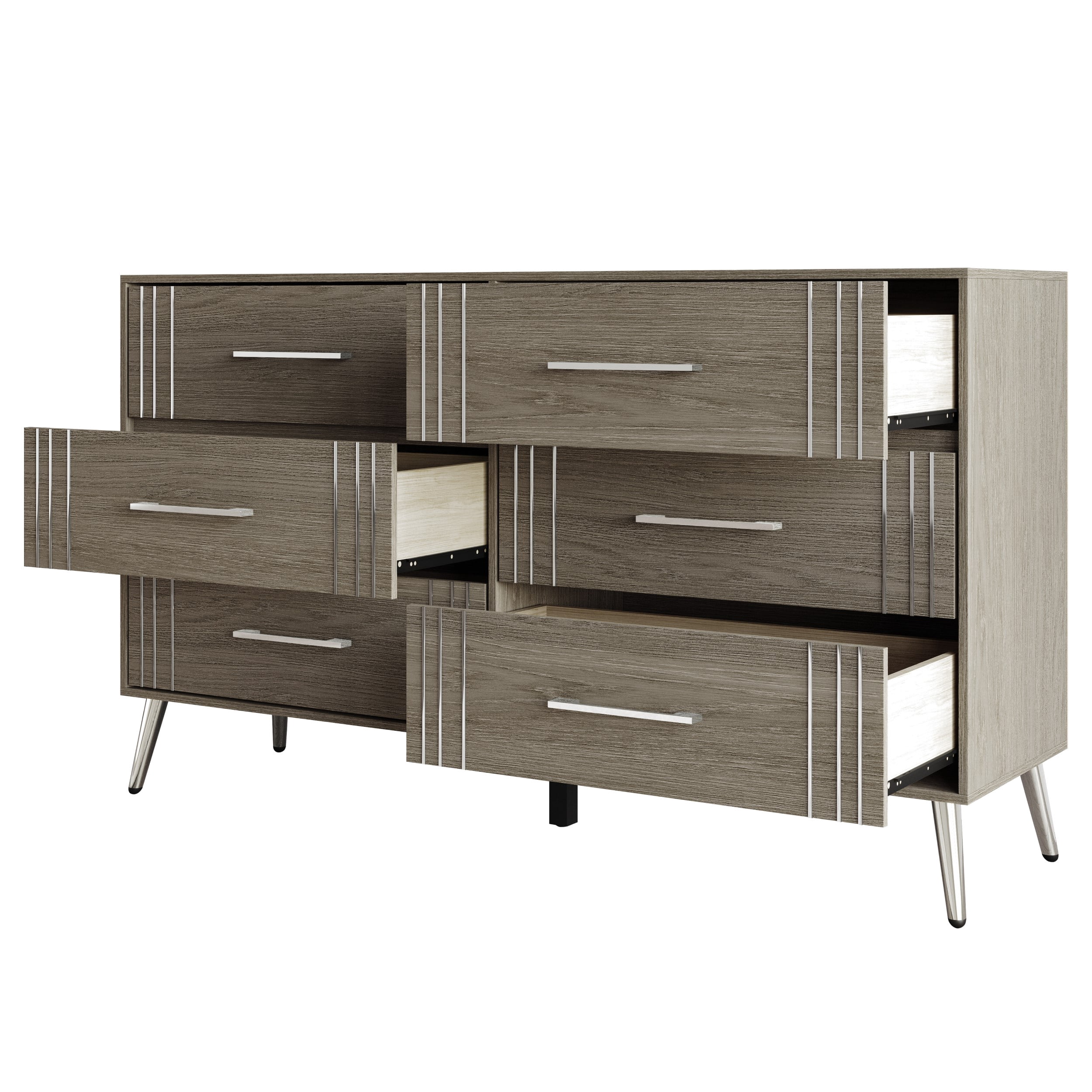 Home Design Ashwin 6-Drawer Dresser with Spacious Storage and Silver-Tone Tapered Legs, Gray, Easy Assembly