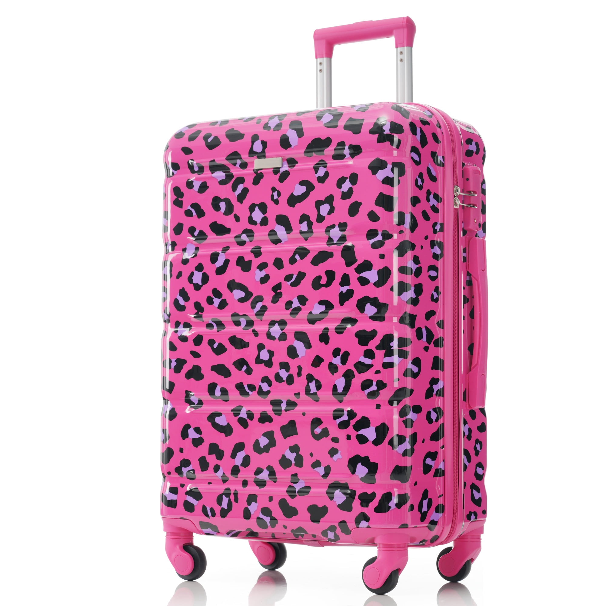 3 Piece Luggage Set, Fuchsia Leopard Print ABS+PC Hard Shell Suitcase, 20 Inch Airline Approved Carry-on with USB Port, Spinner Wheels & Side Hooks