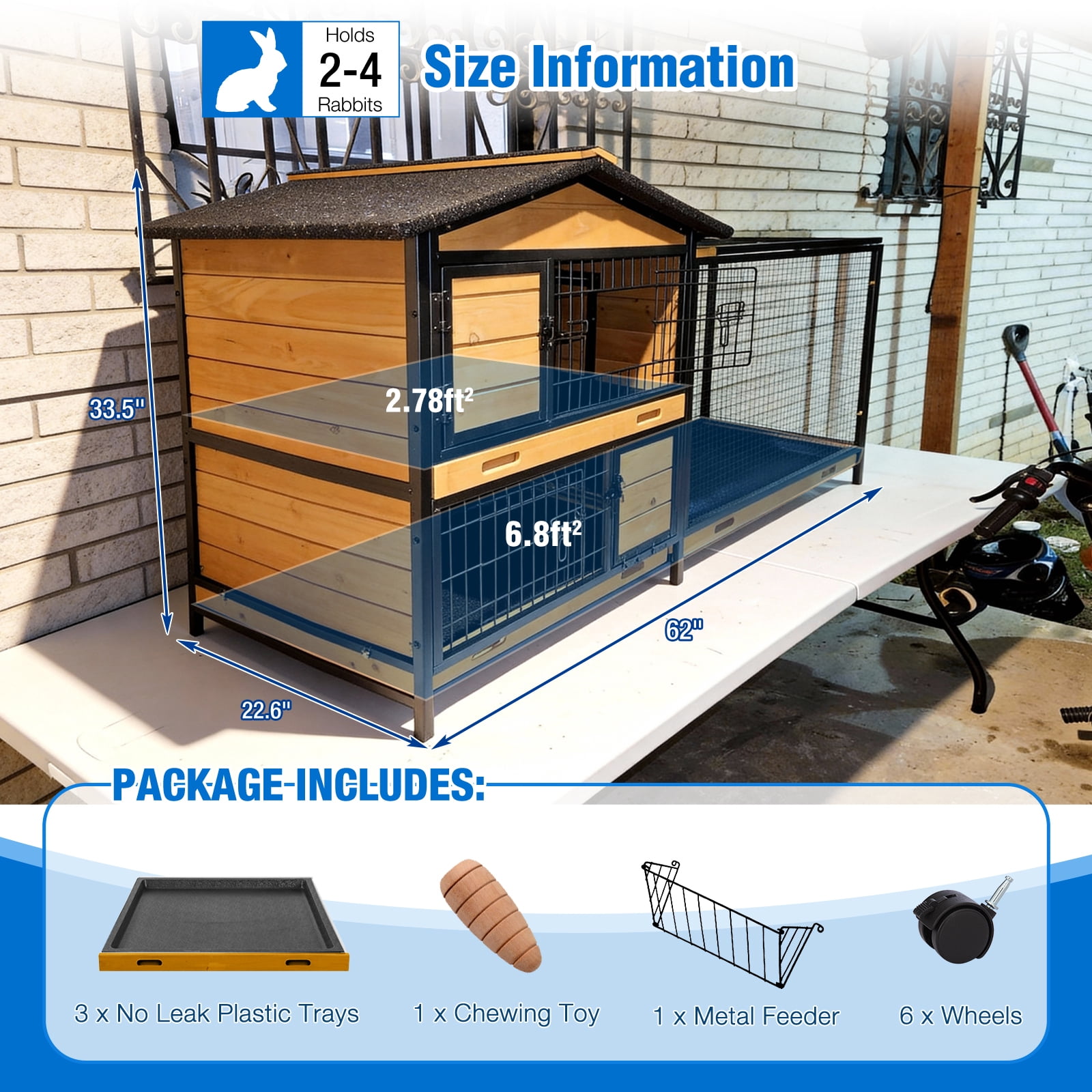 Suumerpety Rabbit Hutch on Wheels Indoor Rabbit Cage Outdoor Bunny Hutch with 3 Plastic Trays & Anti-Chew Ramp Metal Frame Guinea Pig Cage Natural