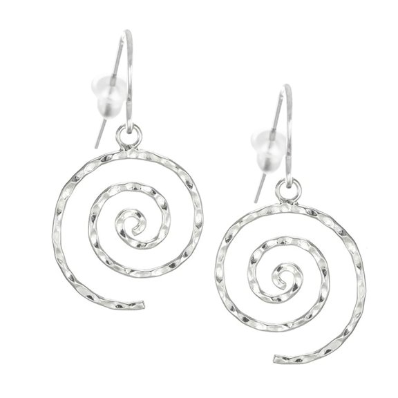 Small Everyday .925 Sterling Silver Hammered Swirl Drop Earrings, Platinum Ear Wires