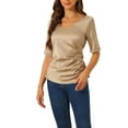 thumbnail image 1 of Blusa de satén INSPIRE CHIC para mujer, con cuello en V, manga corta, con fruncido y lazo en la parte posterior, tops casuales de oficina en color champán, 1 of 1